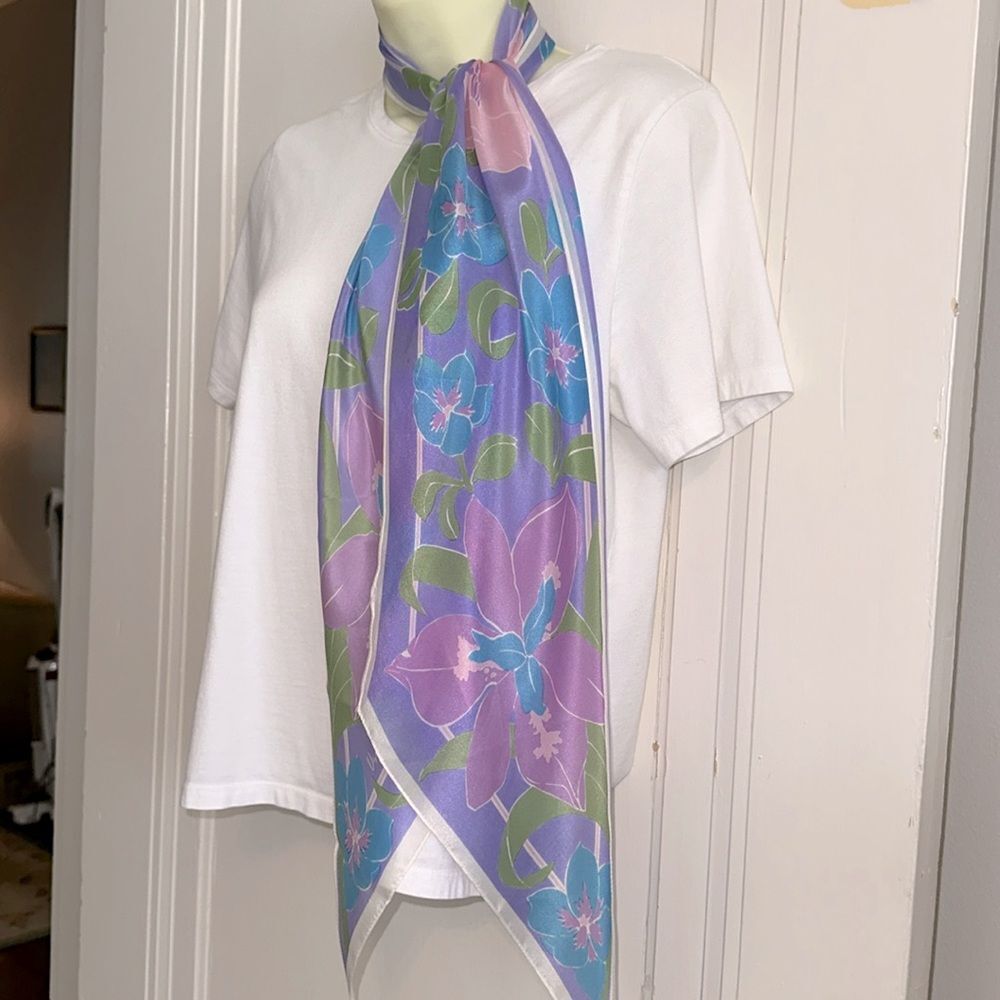 Vintage Vera Pink, Teal Blue, Green & Lavender Floral Silk Long‎ Scarf
